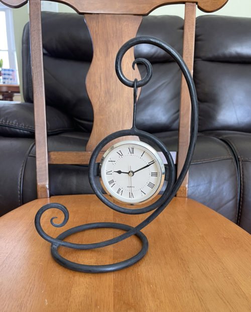 Hanging Clock With Wrought Iron Scrollwork Stand - Battery Operated