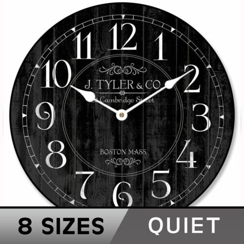 Harbor Black Wall Clock, large wall clock, 8 sizes, extra QUIET, Life warranty