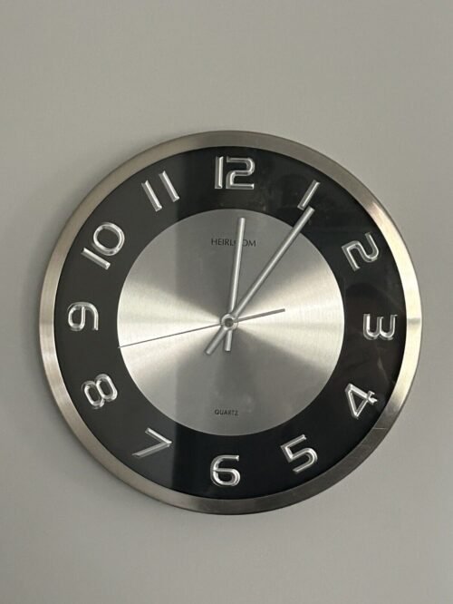 Heirloom Brand Quartz 11.75” Round Wall Clock Silver Black