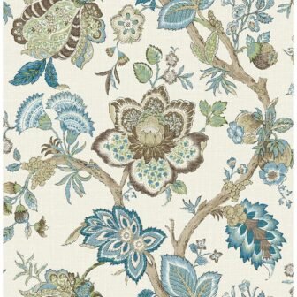 Hickory Smoke and Blue Bell Bernadette Jacobean Paper Unpasted Nonwoven Wallpaper Roll...