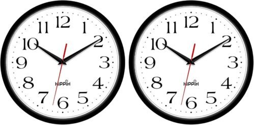 HIPPIH 2 Pack Silent Wall Clock, 10 Inch Non Ticking With Red Second Hand