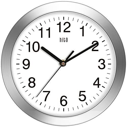 HITO 10 Inch Silent Wall Clock Battery Operated Non Ticking Glass Cover Silve