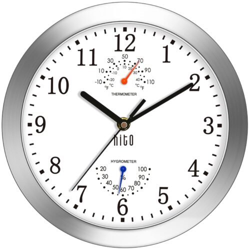HITO 10 Inch Silent Wall Clock Battery Operated Non Ticking Glass Cover Silve...