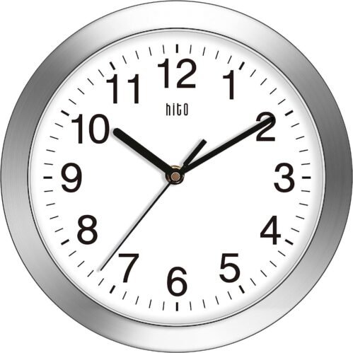 HITO 10 Inch Silent Wall Clock Battery Operated Non Ticking Glass Cover Silver