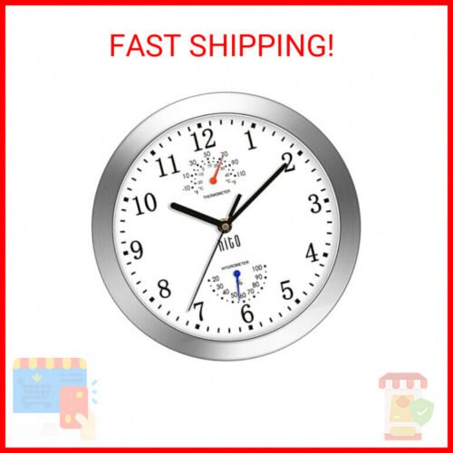 HITO 10 Inch Silent Wall Clock Battery Operated Non Ticking Glass Cover Silver A