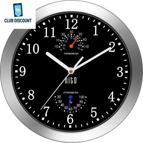 HITO 10 Inch Silent Wall Clock Battery Operated Non Ticking Glass Cover Silver A