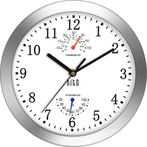 HITO 10 Inch Silent Wall Clock Battery Operated Non Ticking Glass Cover Silver A