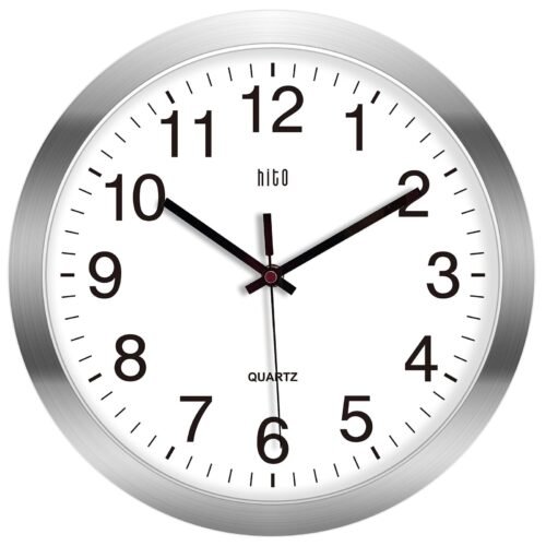 hito Silent Wall Clock Non Ticking 12 Inch Sweep Movement Silver Aluminum Frame,