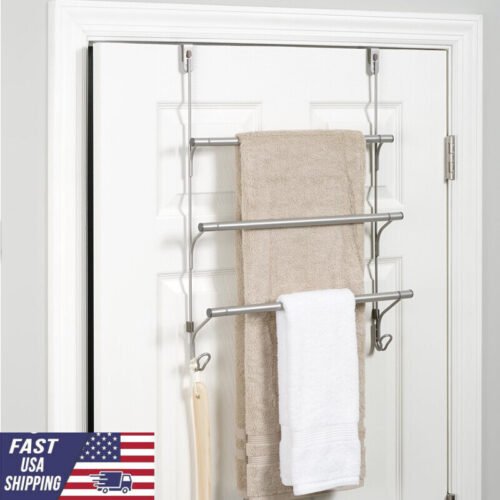 Hoem Over-the-Door 3-Tier Towel Bar W/ 2 Hooks Racks Shelf Bathroom Satin Nickel