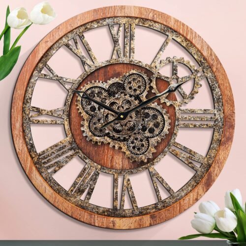 HOIBAI LARGE WALL CLOCK 24 INCH CLOCKS FOR LIVING ROOM DECOR - STEAMPUNK BROWN