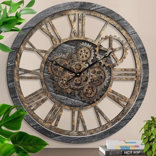 HOIBAI Wall Clock 24" Moving Gears Clock Large Wall Clock for Living Room Rustic