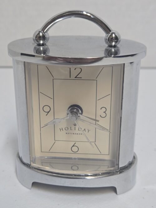 HOLIDAY RETIREMENT All Metal Travel Alarm Clock Tested Works, Nice Desk Piece
