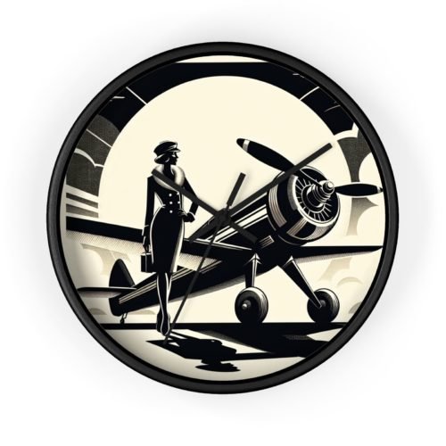 Home Decor Wall Clock Art Deco Aviator Woman with Vintage Plane Design Retro