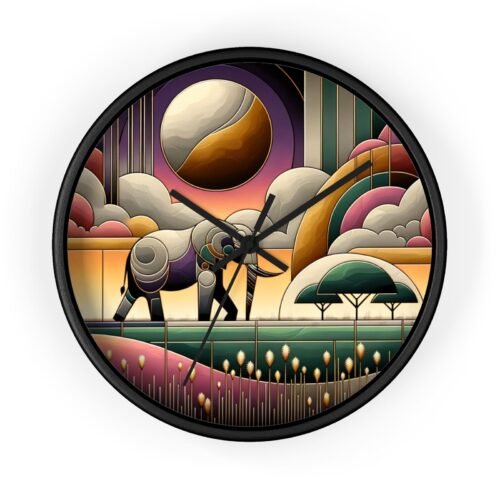 Home Decor Wall Clock Art Deco Geometric Elephant Savannah Sunset Safari Retro