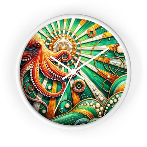 Home Decor Wall Clock Emerald Octopus Art Deco Sunburst Beach Ocean Life Beach