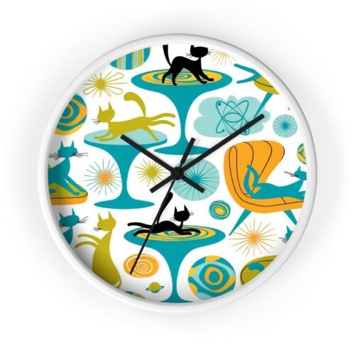 Home Decor Wall Clock Midcentury Modern Atomic Cat Whimsical Retro Futuristic