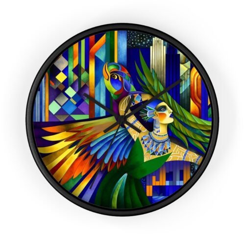 Home Decor Wall Clock Vibrant Art Deco Woman-Bird Vintage Style Fun Retro Unique