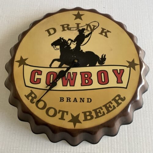 Home Interiors Drink Cowboy Brand Root Beer Bottle Cap Clock Battery Operated