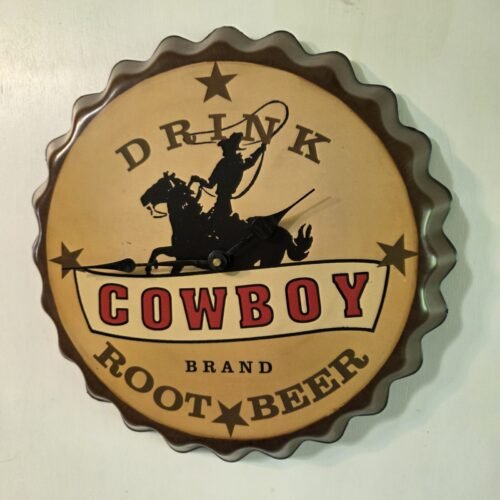 Home Interiors Drink Cowboy Brand Root Beer Bottle Cap Clock Battery Operates OK