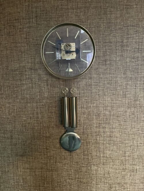 Howard Miller Acrylic and Brass Hanging Grandfather Clock 1970s, Works