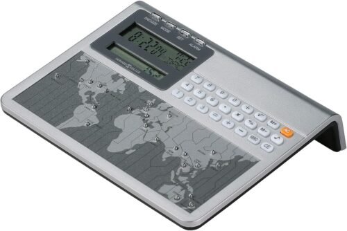 Howard Miller Atlas Silver Tabletop Clock w/Calculator~Shows Time All Over World