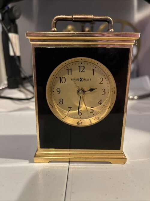 Howard Miller Black Lacquer & Brass Quartz Table Top Clock W/Alarm Works