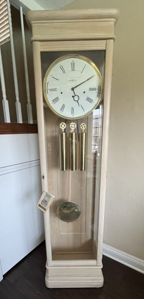HOWARD MILLER MODERN DESIGN BLONDE GRANDFATHER CLOCK, 1993 MODEL 610-511