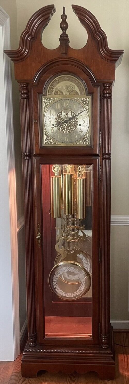 Howard Miller Triple Chime Sun Moon Face Back Light Mirror Grandfather Clock