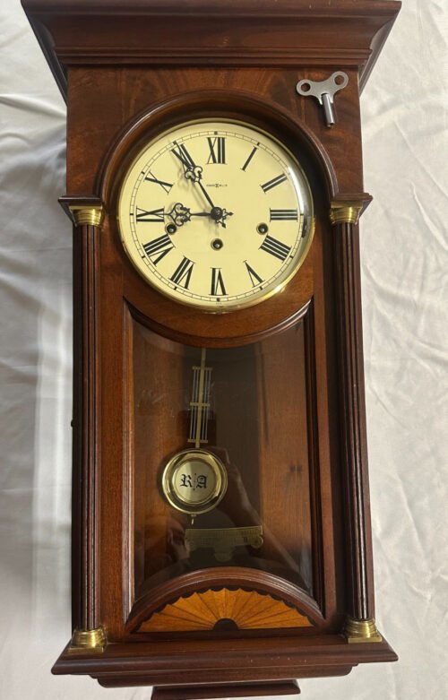 HOWARD MILLER TRIPLE CHIME WALL CLOCK MODEL 612-218 INLAY TOP OF LINE BURLWOOD