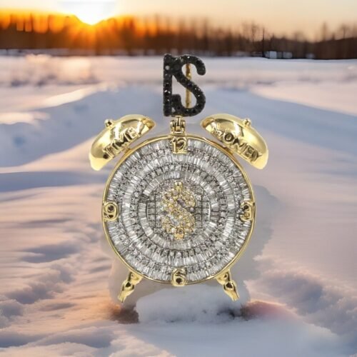 Iced Out 10K Gold 1-3/4 CTW Diamond Time Is Money Cash $ Clock Pendant Charm 10g