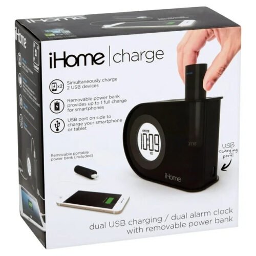 iHome Dual USB Charging + Dual Alarm Clock With Removable Power Bank New