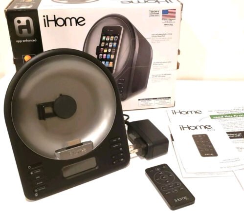 iHome iA63 Alarm Clock and Motorized Rotating Dock Black w/ Box, Remote & Manual