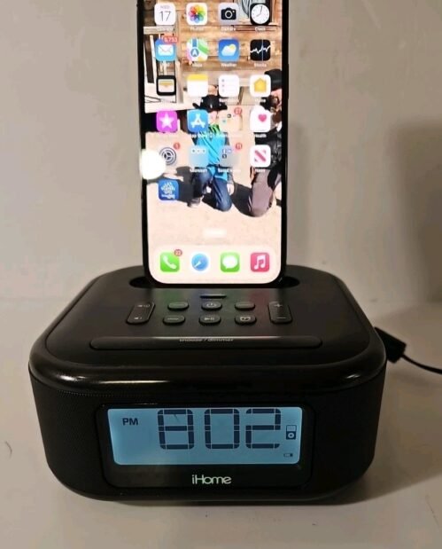 iHome iPL23 FM Alarm Clock Radio, Lightning Dock Charge, AUX w/ Cord