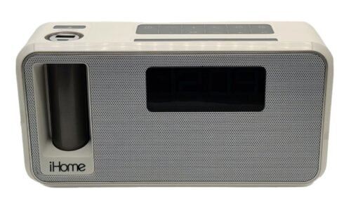 iHome Kineta Stereo Alarm Clock Dual Charging Radio Speakerphone Bluetooth white
