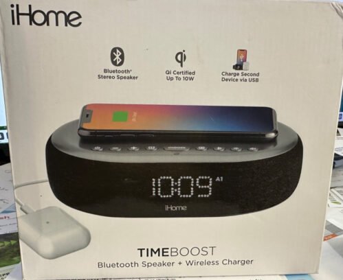 iHome TIMEBOOST Bluetooth Speaker and Wireless Charger with dual alarm Clocks.