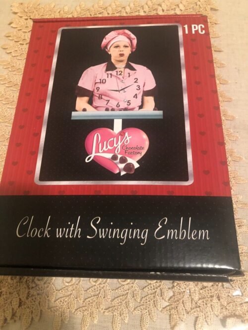 I LOVE LUCY SWINGING CHOCOLATE FACTORY EMBLEM CLOCK NEW IN BOX