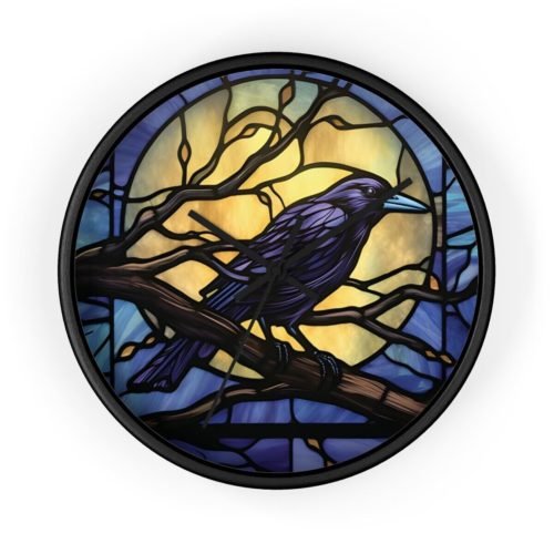 Indigo Moon Raven Wall Art Clock Stained Glass-Look elegant Halloween Home Decor