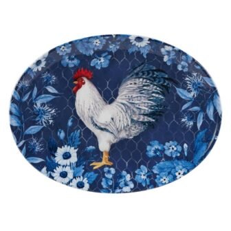 Indigo Rooster 16 in. Multicolored Earthenware Oval Platter