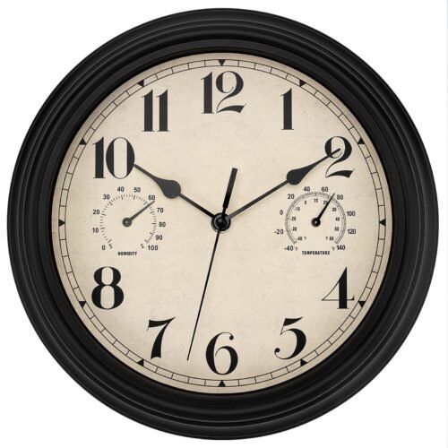 Indoor Outdoor Waterproof Wall Clock with Thermometer and Hygrometer Combo, 12 I