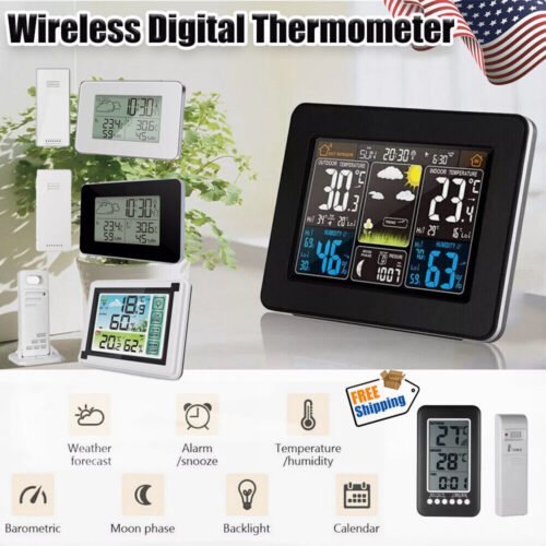 Indoor & Outdoor Weather Station Clock Calendar Digital LCD Thermometer Wireless