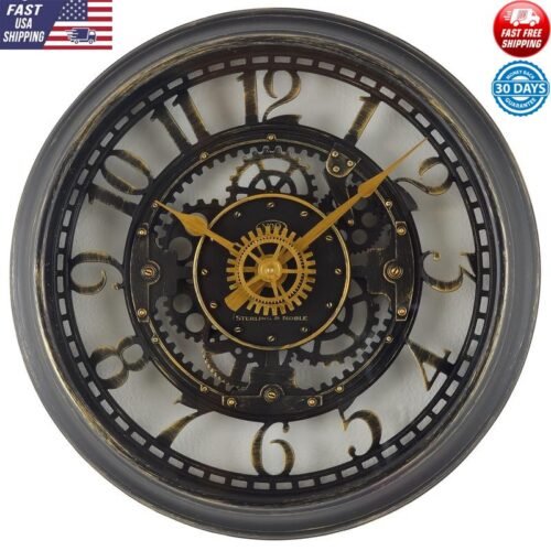 Indoor Round Wall Clock 11.5" Gear Design Antique Gold Industrial Home Decor New