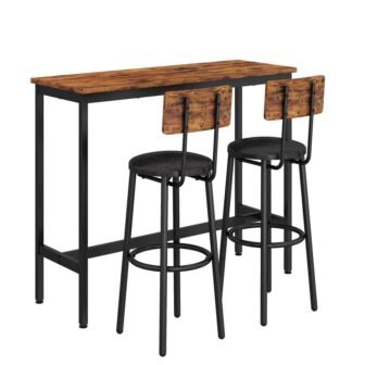 Industrial 3-Piece Rectangle Rustic Brown Wooden Top Bar Table Set with 2...
