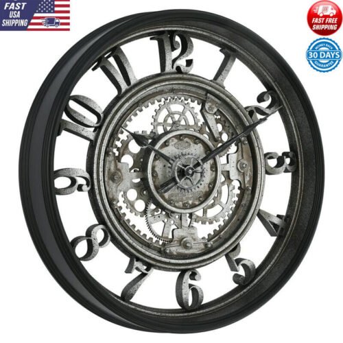 Industrial Arabic Gear Wall Clock 20" Lightweight Glass Lens Indoor Rustic Metal