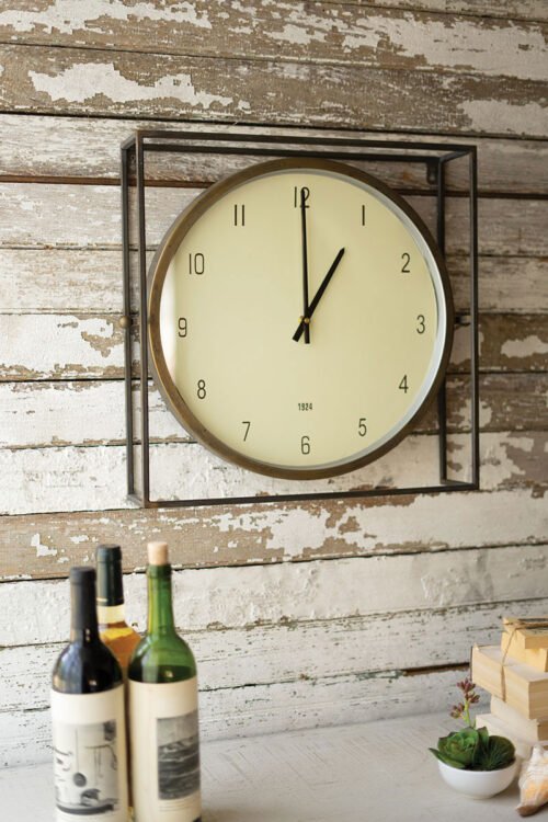 Industrial Round Wall Clock Square Metal Frame Antique Style Home Decor