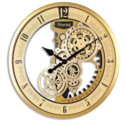 Industrial Wall Clock, Non-Ticking Vintage Moving Gear Battery 18 Inch Gold