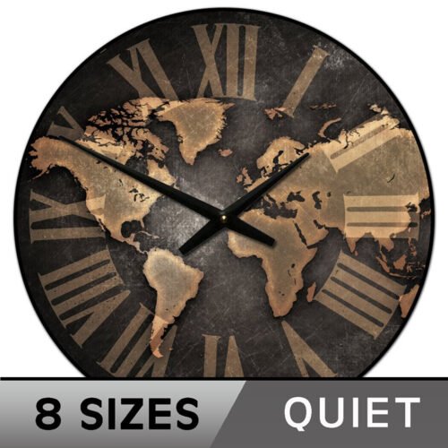 Industrial World Map Clock, large wall clock, Ultra Quiet, 8 sizes, Life Warrant
