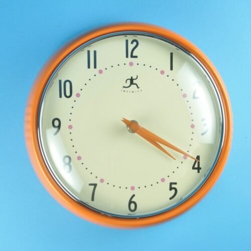 INFINITY INSTRUMENTS ORANGE METAL RETRO INDUSTRIAL DESIGN WALL CLOCK USED