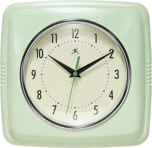 Infinity Instruments Retro Wall Clock – 9-Inch Square 9.25 Inch, Meadow Green