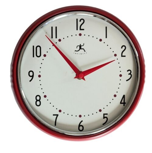 Infinity Instruments Retro Wall Clock Red Metal Quartz Movement Chrome Trim