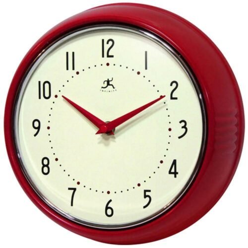 Infinity Instruments Retro Wall Clock Red Metal Quartz Movement Chrome Trim Ring